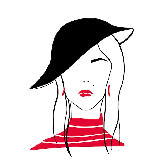 Outline portrait of stylish young girl. Stylized drawing of head or face of fashionable woman with red lips, hat, earrings and loose hair isolated on white background. Hand drawn vector illustration.