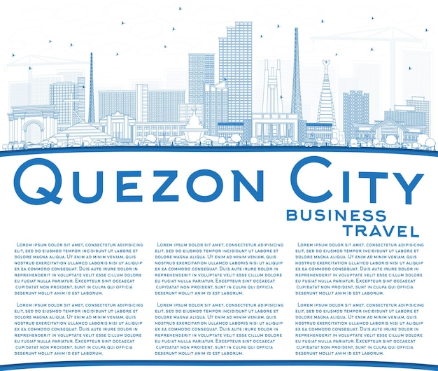 Vector outline quezon city philippines skyline with blue buildings and copy space. vector illustration. business travel and tourism illustration with modern architecture.