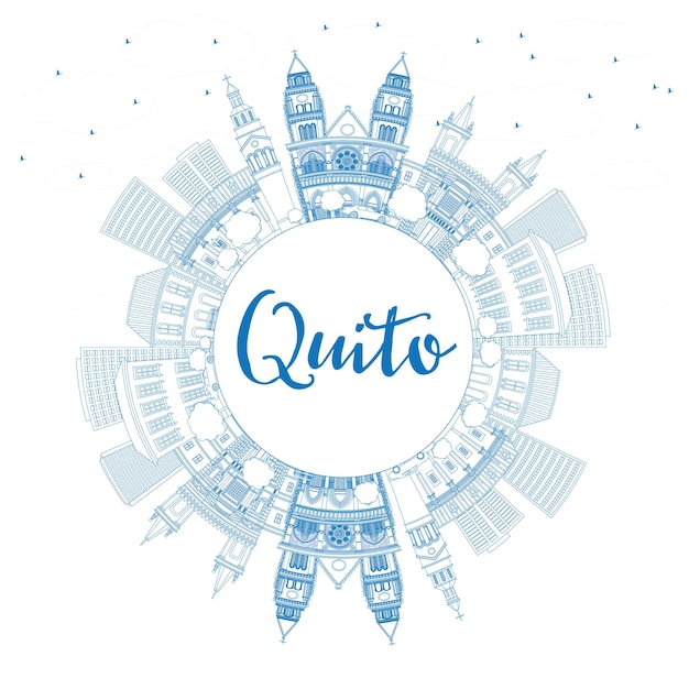 Outline quito skyline with blue buildings and copy space. vector illustration. business travel and tourism concept with historic architecture. image for presentation banner placard and web site.