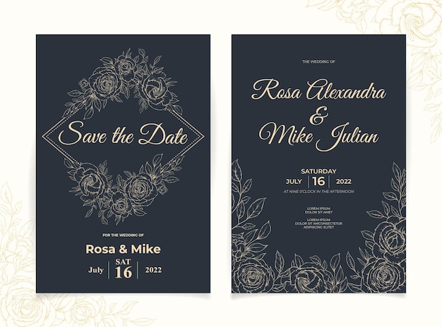 Outline rose flower wedding invitation template