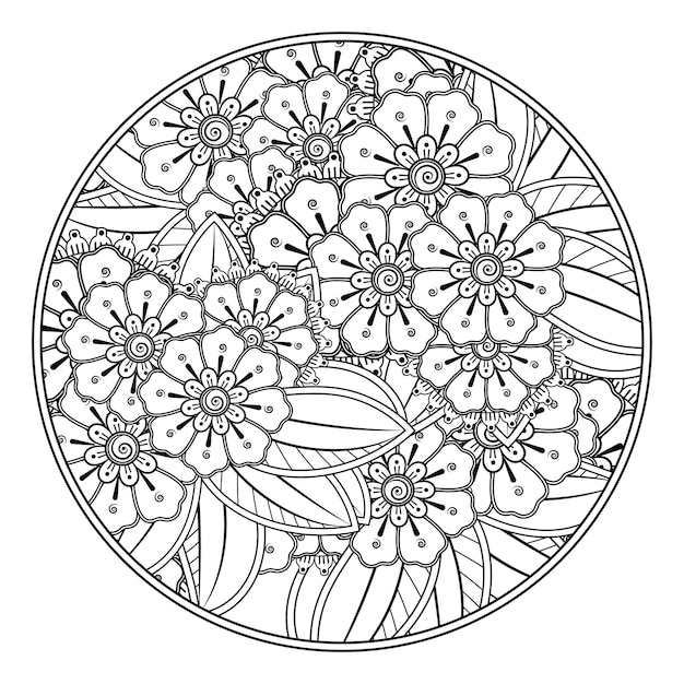 Outline round flower in mehndi style for coloring page doodle ornament in black and white.