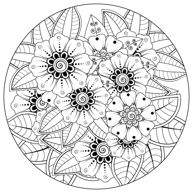 흑인과 백인 손으로 그리는 그림에서 책 페이지 낙서 장식을 색칠하기위한 멘디 스타일의 둥근 꽃 패턴 개요