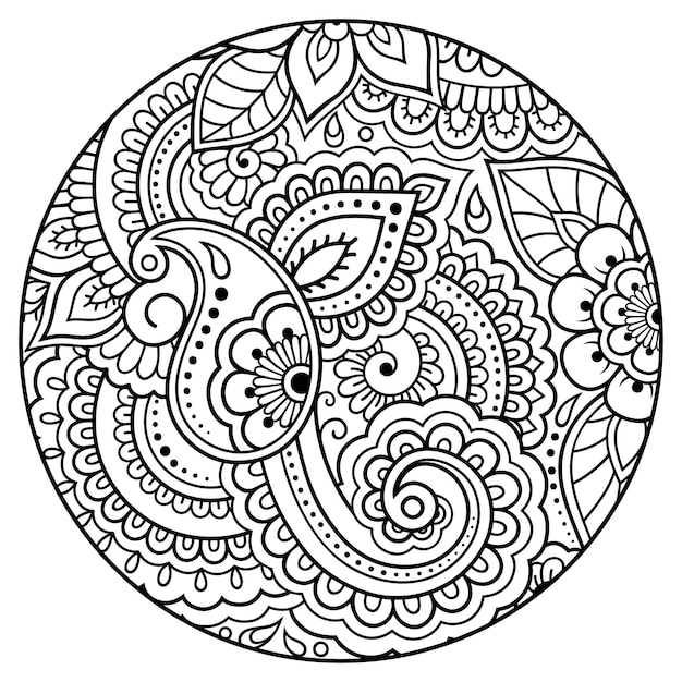 Outline round flower pattern in mehndi style for coloring book page Antistress for adults and children Doodle ornament in black and white Hand draw vector illustration