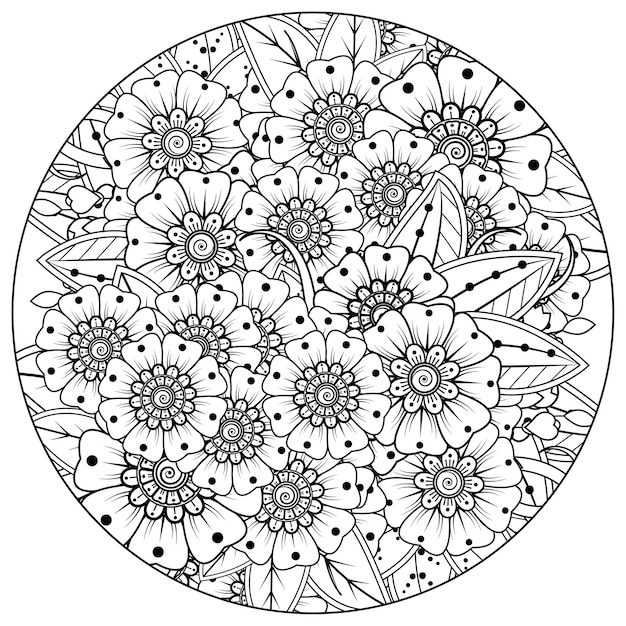 Delinea il motivo floreale rotondo in stile mehndi per colorare l'ornamento di doodle della pagina del libro in illustrazione di disegno a mano in bianco e nero