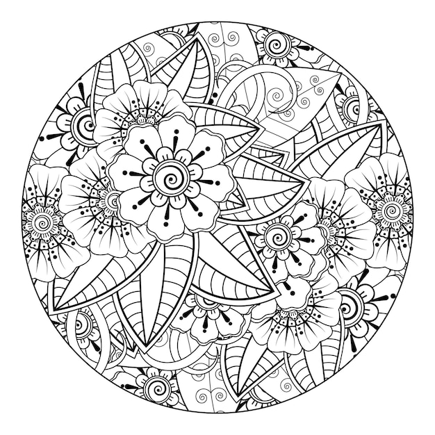 Delinea il motivo floreale rotondo in stile mehndi per colorare l'ornamento di doodle della pagina del libro in illustrazione di disegno a mano in bianco e nero