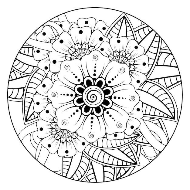 Delinea il motivo floreale rotondo in stile mehndi per colorare l'ornamento di doodle della pagina del libro in illustrazione di disegno a mano in bianco e nero