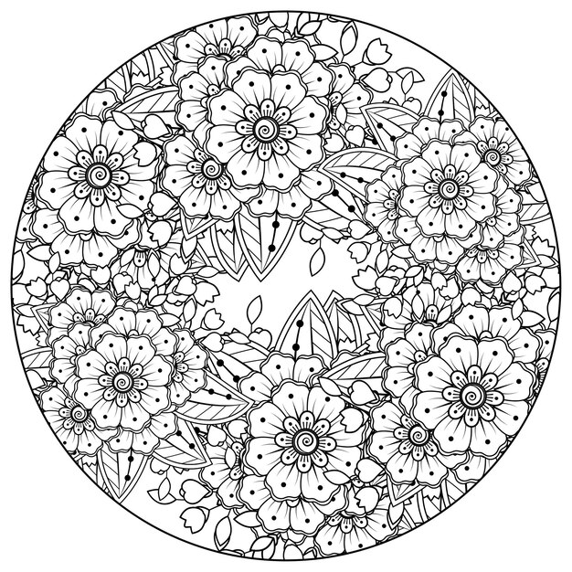 Delinea il motivo floreale rotondo in stile mehndi per l'ornamento di doodle della pagina del libro da colorare in illustrazione di disegno a mano in bianco e nero