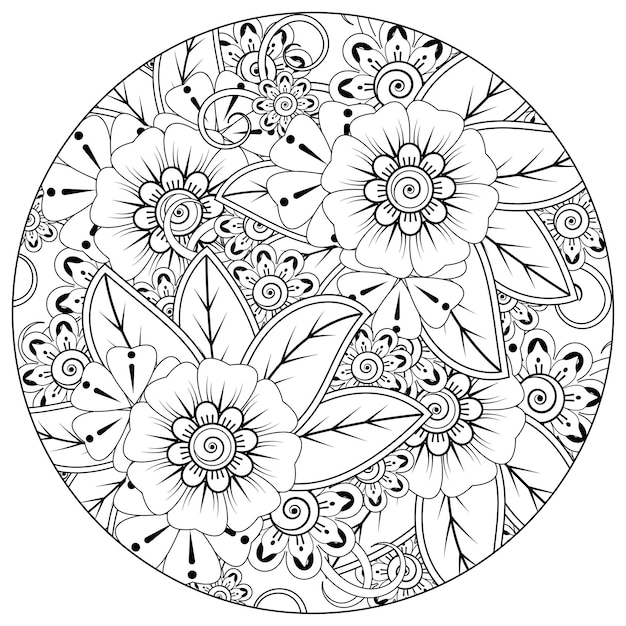 Outline round flower pattern in mehndi style for coloring book page doodle ornament in black and white hand draw illustration