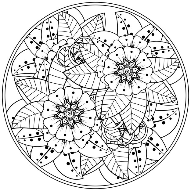 Delinea il motivo floreale rotondo in stile mehndi per l'ornamento di doodle della pagina del libro da colorare in illustrazione di disegno a mano in bianco e nero