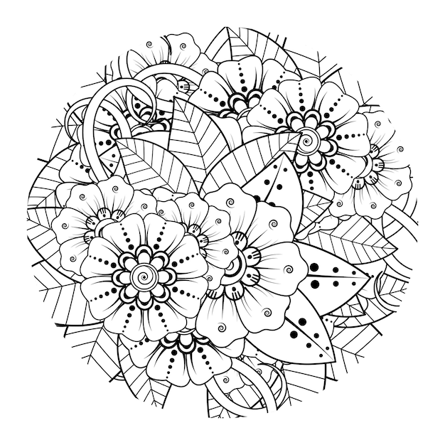 Outline round flower pattern in mehndi style for coloring book page doodle ornament in black and white hand draw illustration