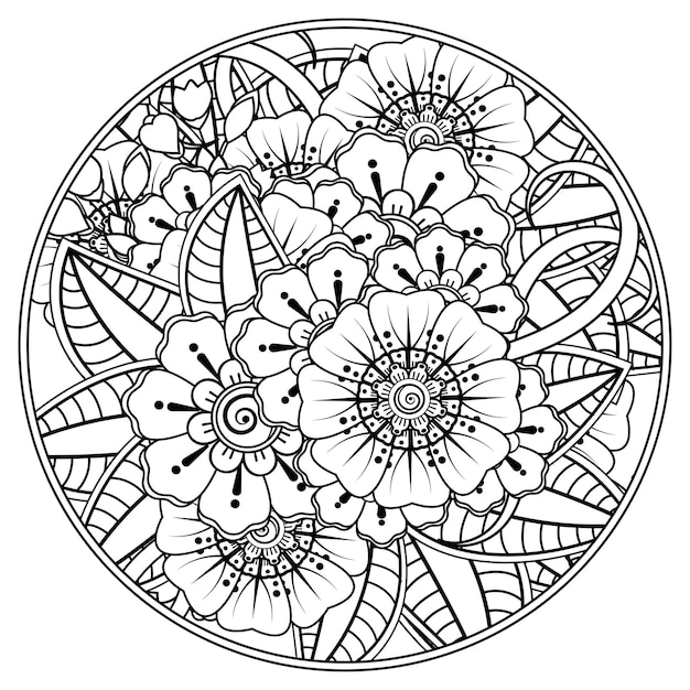 Outline round flower pattern in mehndi style for coloring book page doodle ornament in black and white hand draw illustration