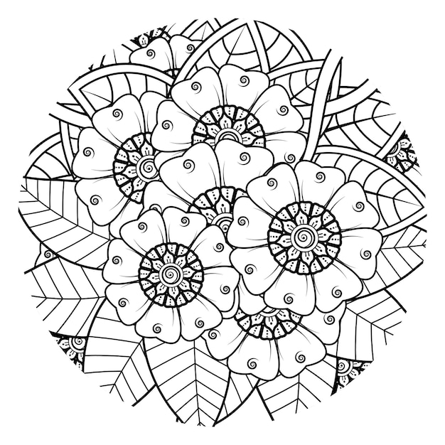 Outline round flower pattern in mehndi style for coloring book page