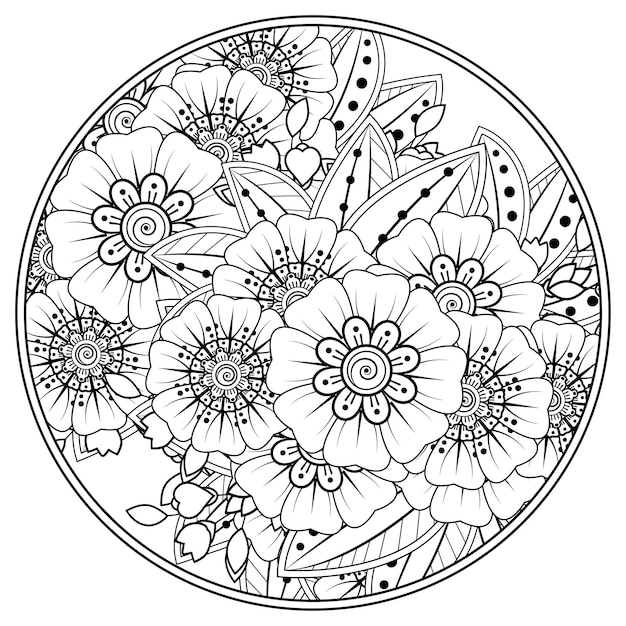 本のページを着色するための一時的な刺青スタイルの丸い花のパターンの概要