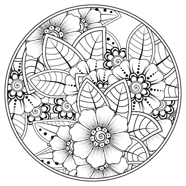 Наброски круглый цветочный узор в стиле Менди для раскраски страницы книги