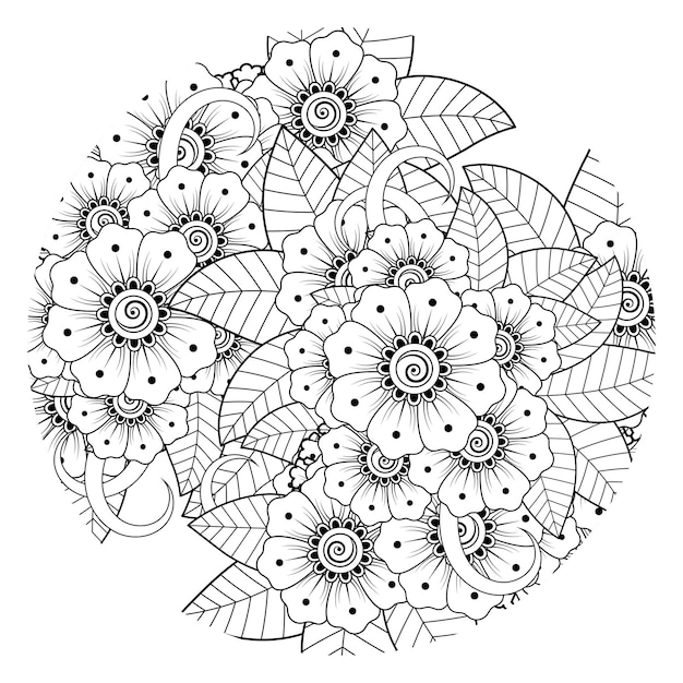 Outline round flower pattern in mehndi style for coloring book page