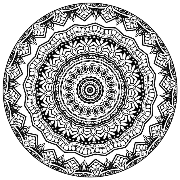 Outline round flower pattern in mehndi style for coloring book page.