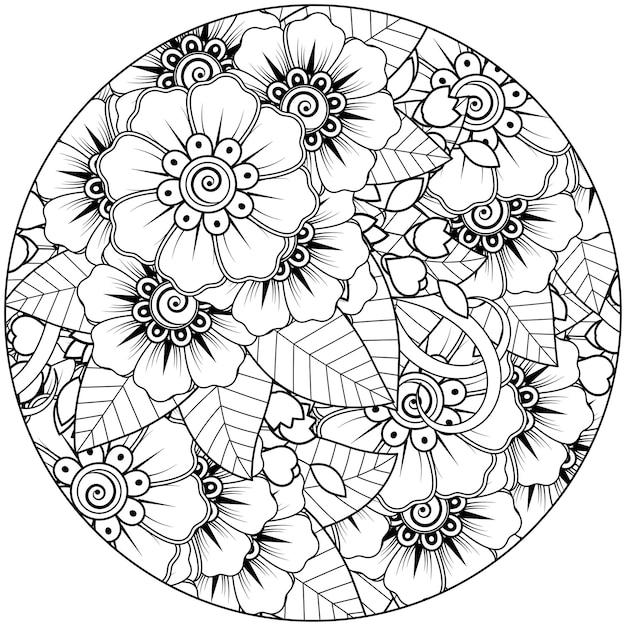 흑백으로 페이지 낙서 장식을 색칠하기위한 멘디 스타일의 원형, 꽃 개요.
