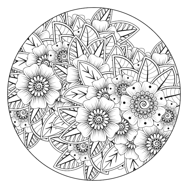Outline round, flowers in mehndi style for coloring page doodle ornament in black and white.