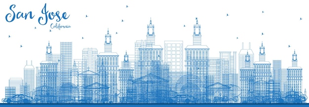 Vettore profilo dello skyline di san jose california con edifici blu. illustrazione di vettore. viaggi d'affari e concetto di turismo con architettura moderna. paesaggio urbano di san jose con punti di riferimento.