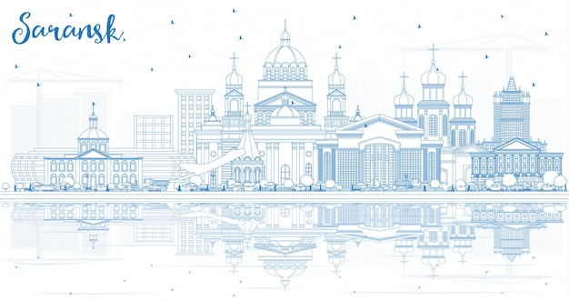 파란색 건물 및 반사와 사란스크 러시아 도시 스카이 라인 개요. 벡터 일러스트 레이 션. 현대 건축과 비즈니스 여행 및 관광 개념입니다. 랜드마크가 있는 사란스크 도시 풍경.