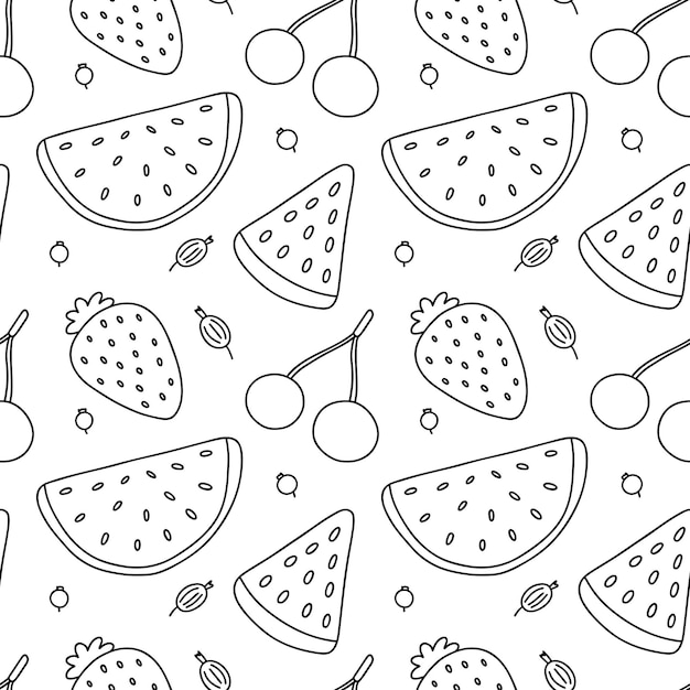 Outline seamless pattern watermelon, cherry, strawberry, gooseberry, currant. Fruits illustration