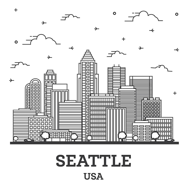 Vettore delineare lo skyline della città di seattle washington usa con edifici moderni e riflessi isolati su bianco