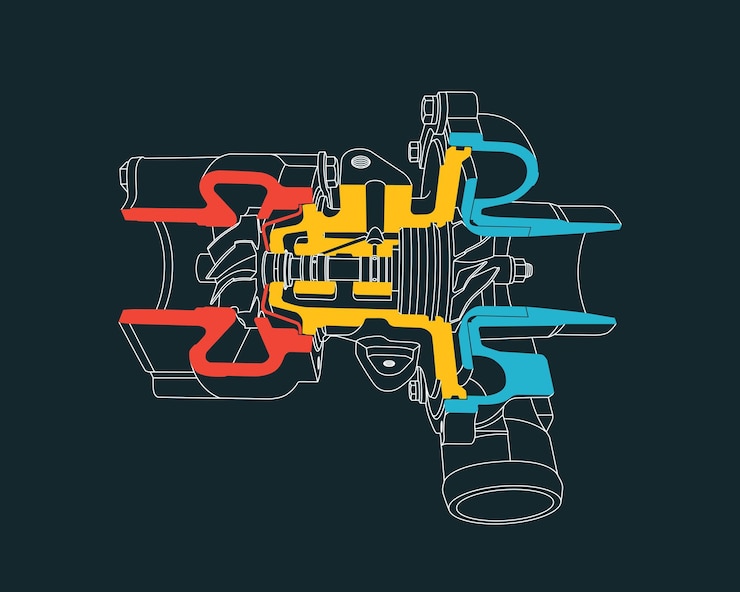 Vector outline of sectioned turbocharger vector illustration