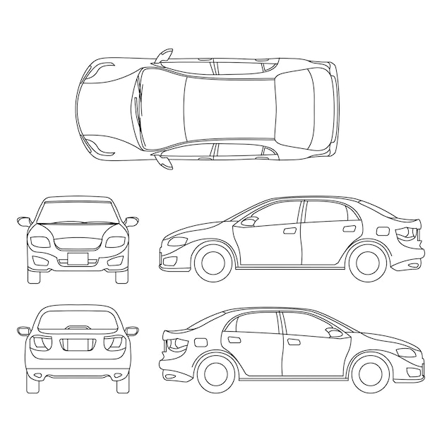 Контурный векторный рисунок автомобиля седана в разных точках зрения