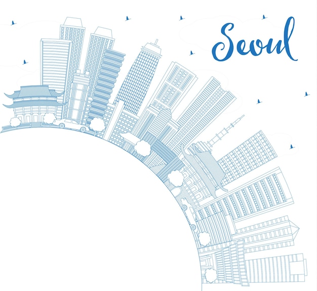파란색 건물과 복사 공간이 있는 서울 한국 스카이라인 개요. 벡터 일러스트 레이 션. 현대 건축과 비즈니스 여행 및 관광 개념입니다. 랜드마크가 있는 서울 풍경.