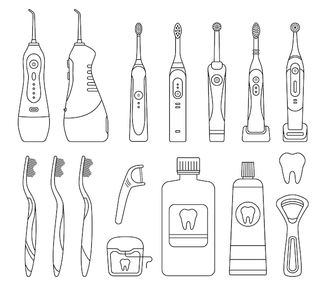 Outline set of dental cleaning tools and oral care hygiene products