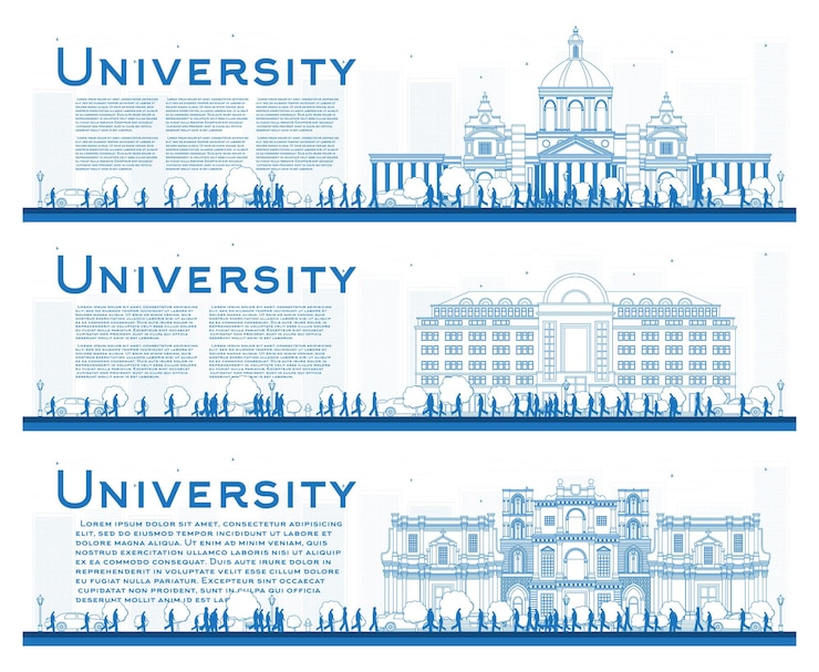 Vector outline set of university campus study banners. vector illustration. students go to the main building of university. banner with copy space.