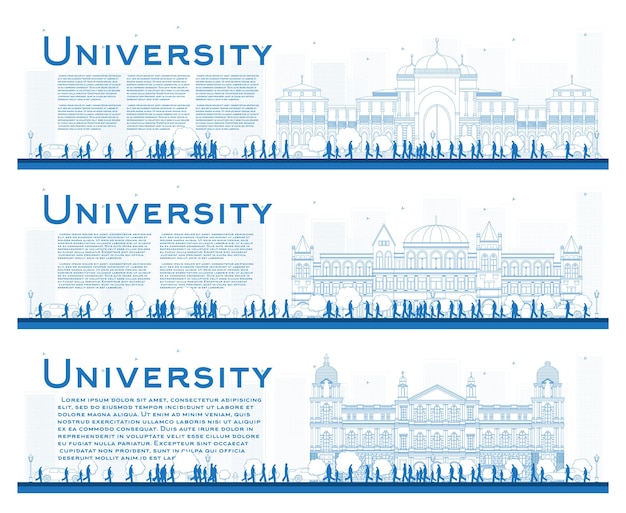 Vettore insieme delle bandiere di studio del campus universitario di contorno. illustrazione di vettore. studenti vai all'edificio principale dell'università. banner con copia spazio.