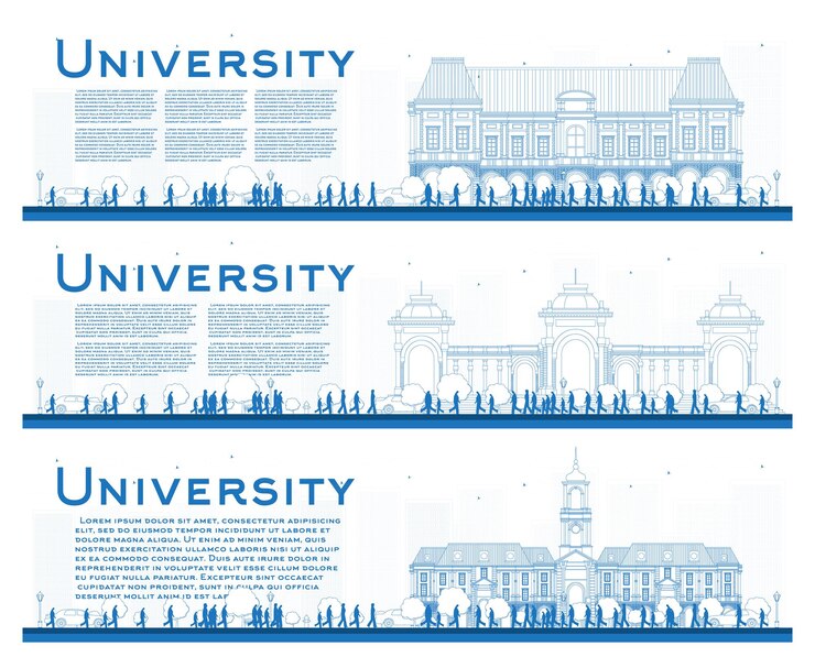 Vector outline set of university study banners. vector illustration. students go to the main building of university. banner with copy space.
