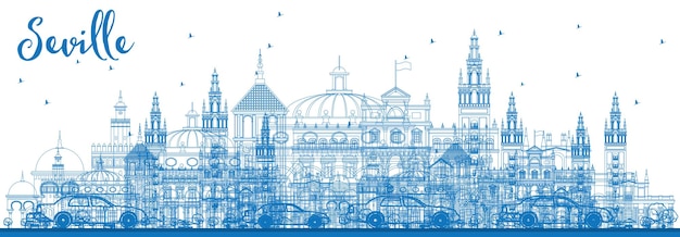 Outline Seville Skyline with Blue Buildings. Vector Illustration. Business Travel and Tourism Concept with Historic Buildings. Image for Presentation Banner Placard and Web Site.