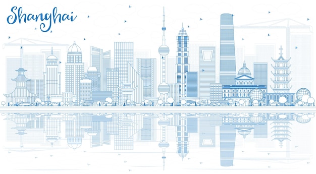 Очертите горизонт Шанхая с синими зданиями и размышлениями. Векторные иллюстрации. Деловые поездки и концепция туризма с современной архитектурой. Изображение для презентационного баннера и веб-сайта.