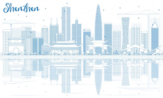 Profilo dello skyline di shenzhen con edifici blu e riflessi. illustrazione di vettore. viaggi d'affari e concetto di turismo con architettura moderna. immagine per presentazione banner cartellone e sito web.