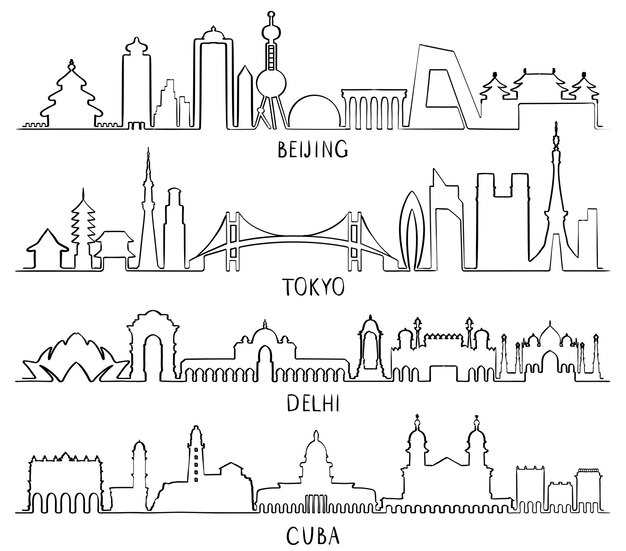 Outline Skyline with city Landmarks Beijing Tokyo New Delhi Cuba