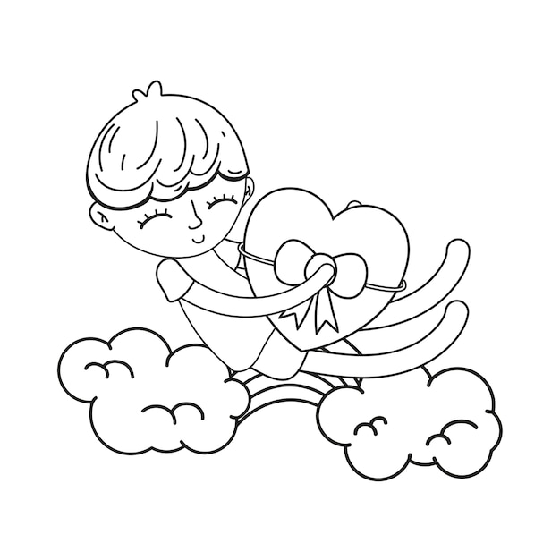 Outline sleeping boy and heart with ribbon bow in the cloud