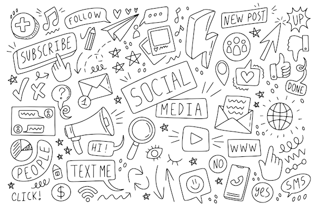 Vector outline social media doodle simple draw sketch set