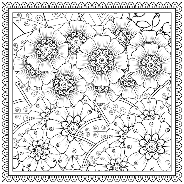 Outline cornice floreale quadrata in stile mehndi.