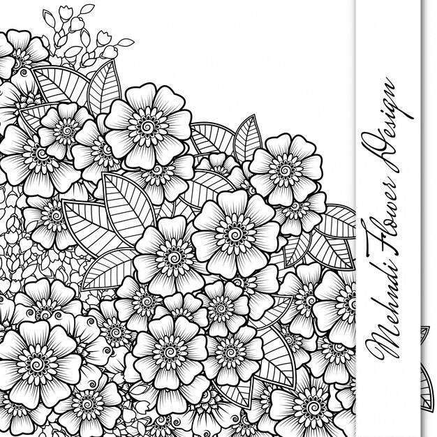 멘디 스타일의 사각형 꽃 패턴을 설명합니다. 흑인과 백인 낙서 장식. 손으로 그리는 그림