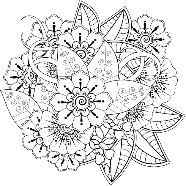 멘디 스타일의 사각형 꽃 패턴 개요. 흑인과 백인 낙서 장식. 손으로 그리는 그림.