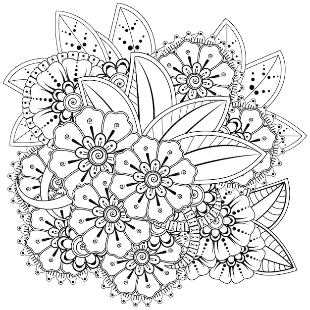 멘디 스타일의 사각형 꽃 패턴 개요. 흑인과 백인 낙서 장식. 손으로 그리는 그림.