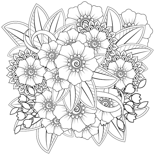 Outline square floral pattern in mehndi style  . doodle ornament in black and white. hand draw illustration.