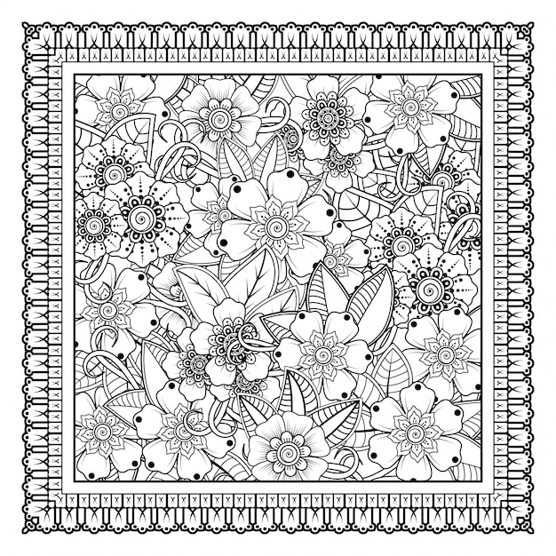 Outline motivo floreale quadrato in stile mehndi. ornamento di doodle in bianco e nero. illustrazione di tiraggio della mano