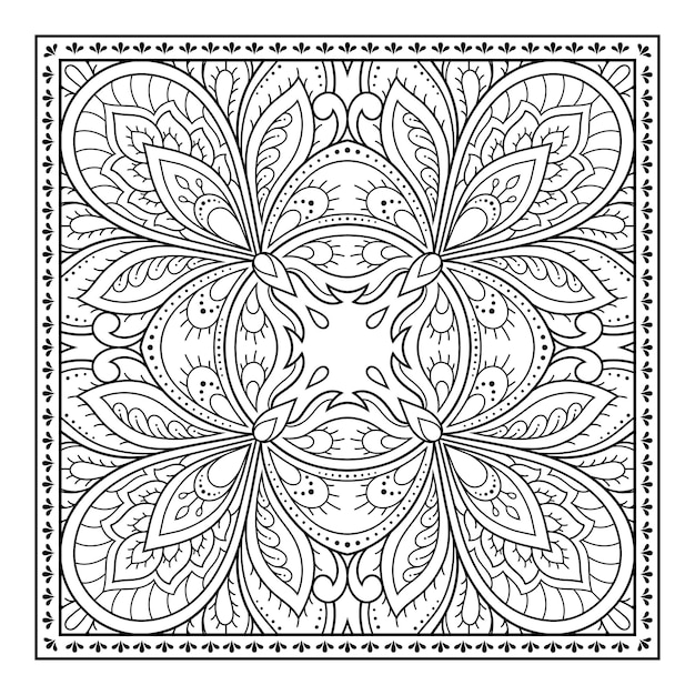 Vettore disegno quadrato di fiori in stile mehndi per la colorazione di pagine di libri antistress per adulti e bambini ornamento doodle in bianco e nero illustrazione vettoriale a mano