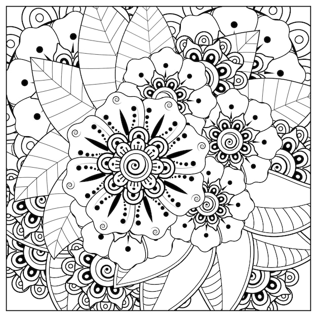 Outline square flower pattern in mehndi style for coloring book page doodle ornament in black and white hand draw illustration