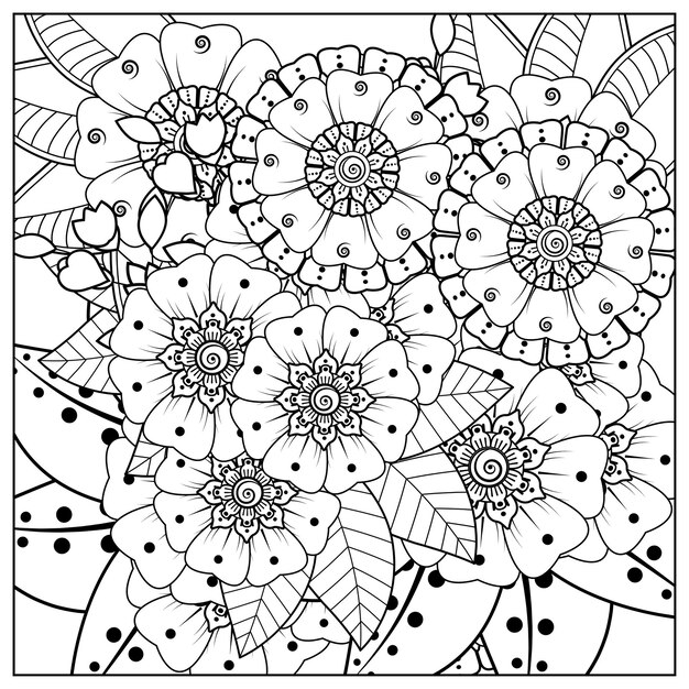 Outline square flower pattern in mehndi style for coloring book page doodle ornament in black and white hand draw illustration