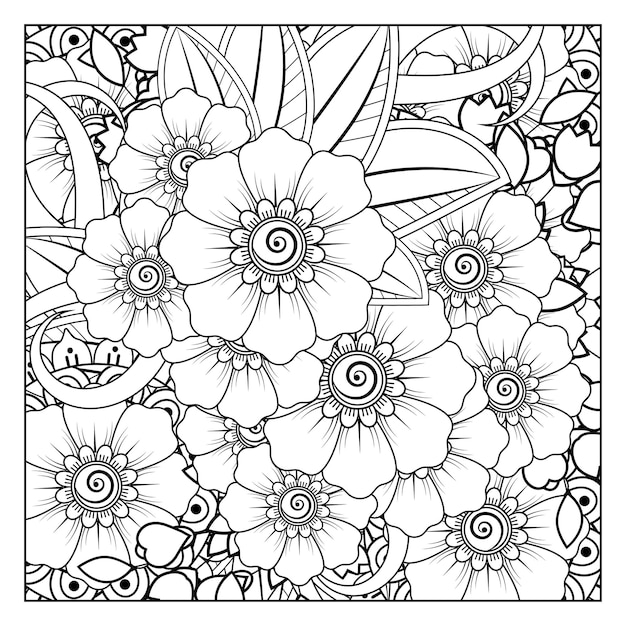 Delinea il motivo floreale quadrato in stile mehndi per l'ornamento di doodle della pagina del libro da colorare in illustrazione di disegno a mano in bianco e nero