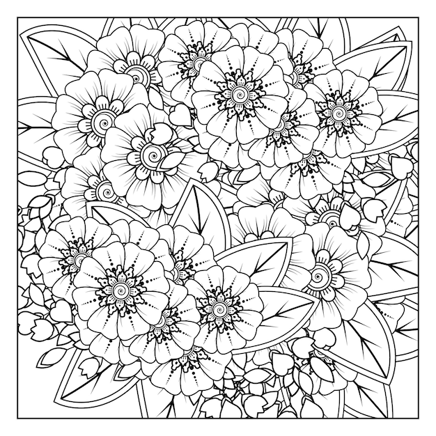 Outline square flower pattern in mehndi style for coloring book page doodle ornament in black and white hand draw illustration